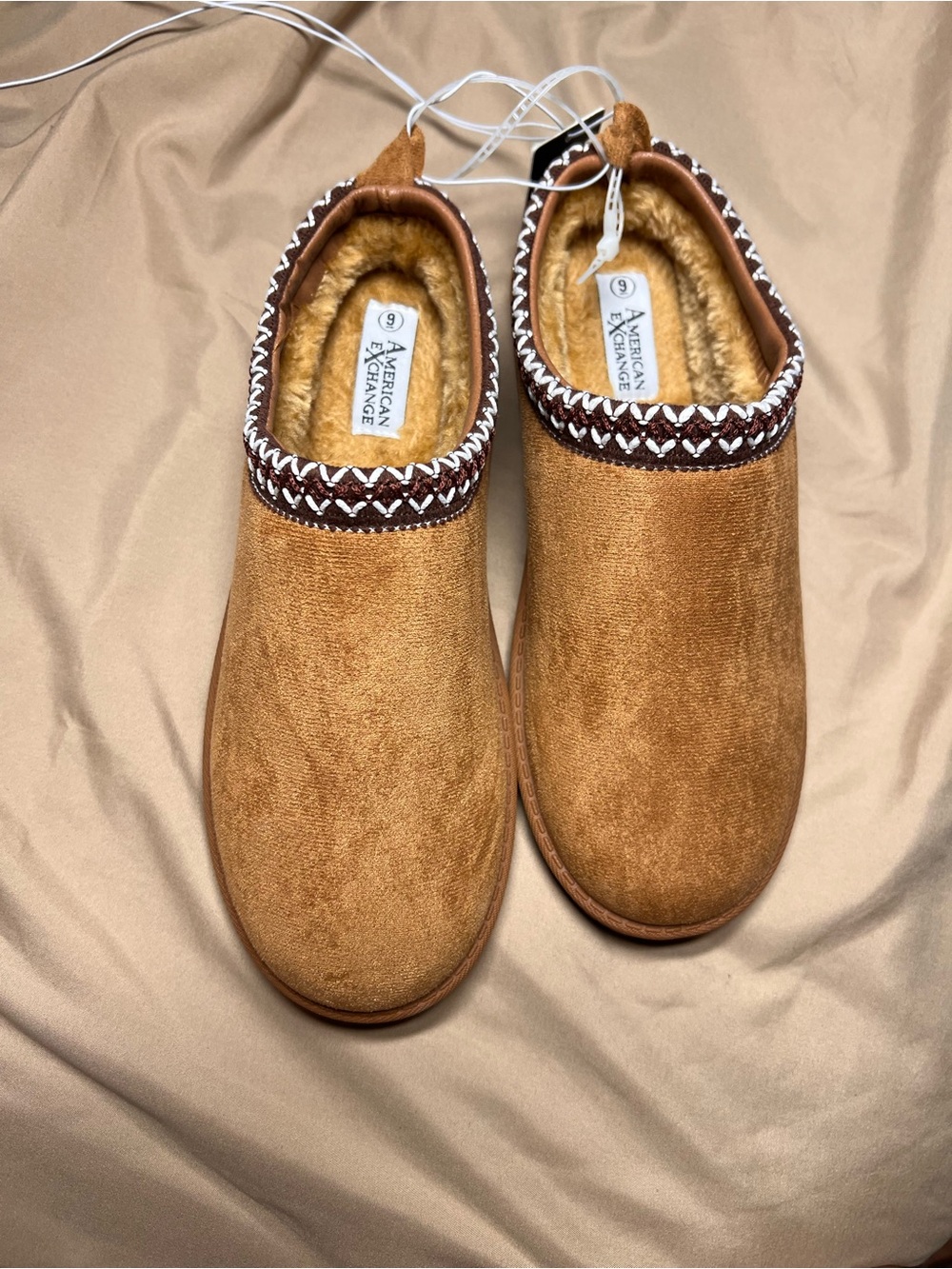 American Exchange Camel Faux Suede Slip-On Slippers with Trim